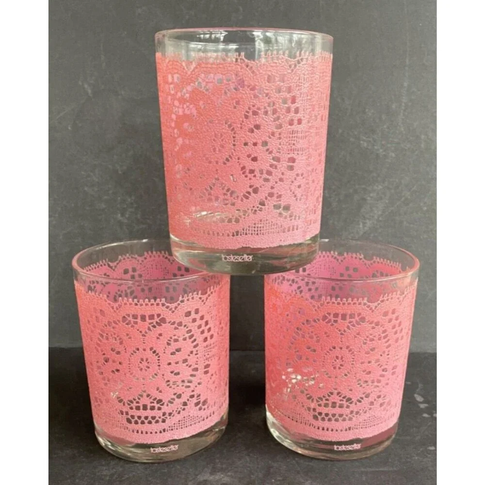 Set of 6 MCM Barware Highball Glasses Pink Lace TasteSetter Vintage Retro RARE